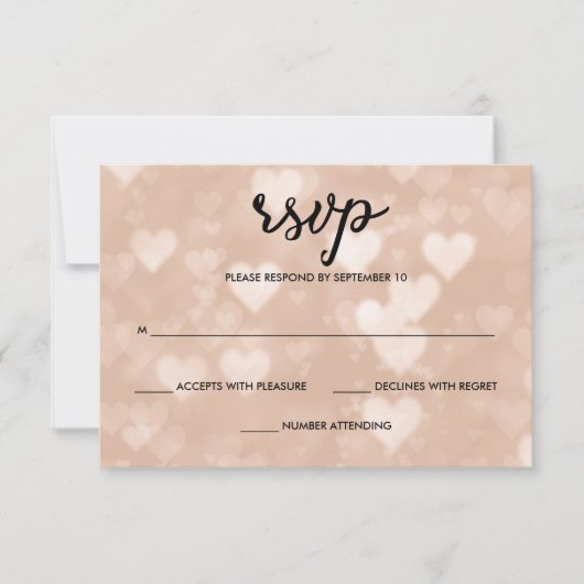 Zwart met Faux Roos Gold Bokeh Hearts RSVP (Voorkant)