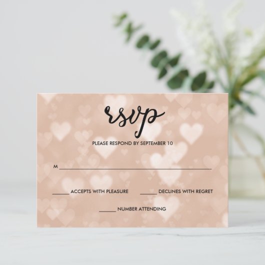 Zwart met Faux Roos Gold Bokeh Hearts RSVP (Staand voorkant)