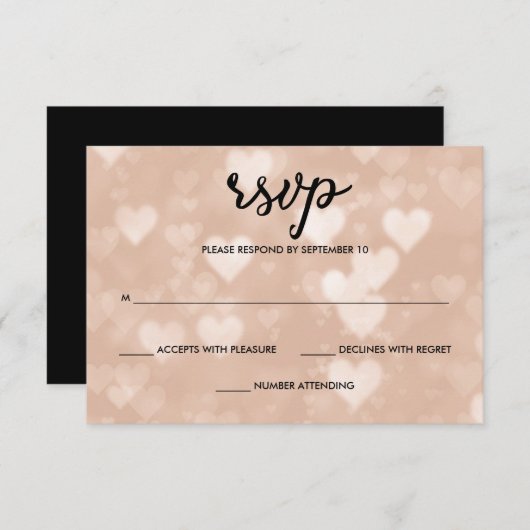 Zwart met Faux Roos Gold Bokeh Hearts RSVP (Voorkant / Achterkant)