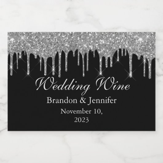 Zwart met Faux Silver Glitter Wedding Favor Sparkling Wijnetiket (Enkel label)
