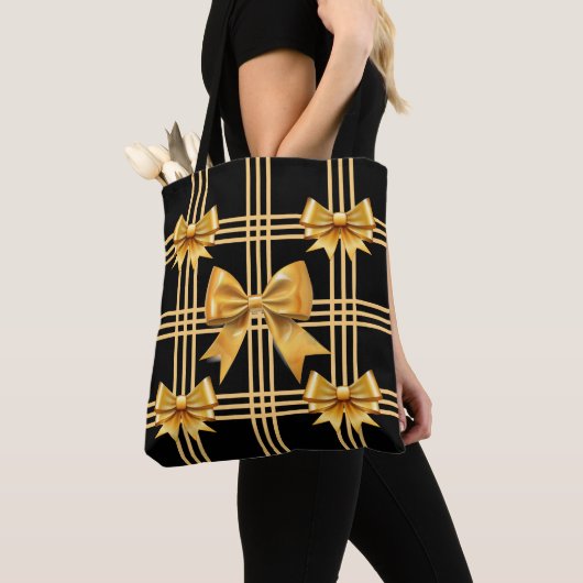 Zwart met geplakte gouden coquette bogen tote bag (Dichtbij)