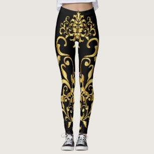 Zwart met Gold Damask Pattern Details Athletic Leggings