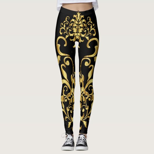 Zwart met Gold Damask Pattern Details Athletic Leggings (Voorkant)