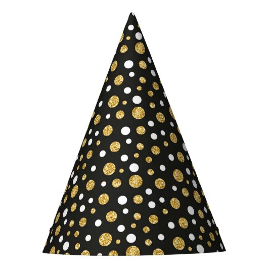 Zwart met Gold en White Polkadots Party Pet Feesthoedjes (Voorkant)