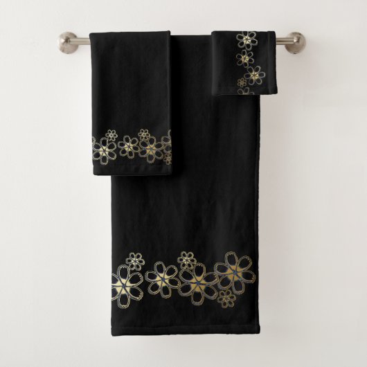 Zwart met Gold Flowers Bad Handdoek (Insitu)