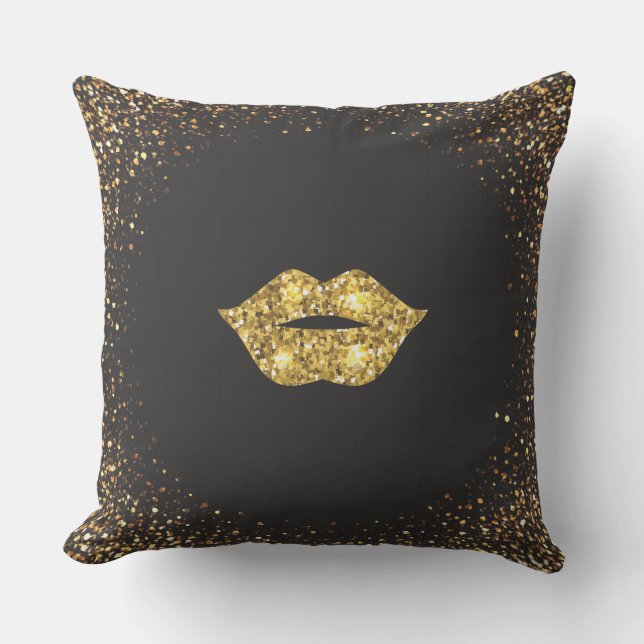 Zwart met Gold Glitter en Gold Lips Kussen (Voorkant)