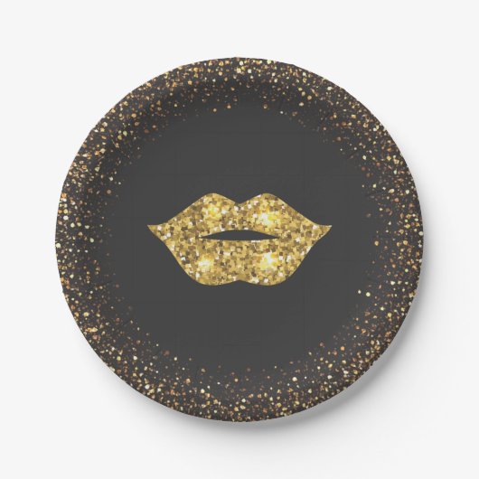 Zwart met Gold Glitter en Gold Lips Papieren Bordje (Voorkant)