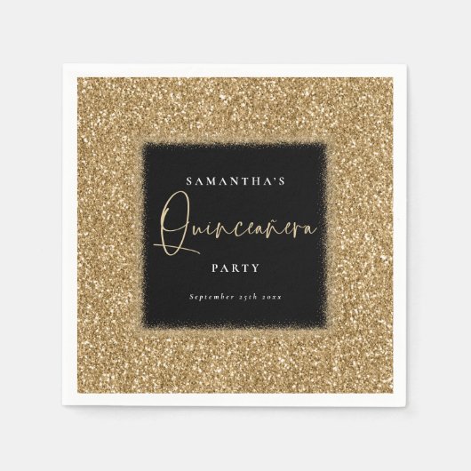 Zwart met Gold Glitter Name Quinceañera Party Servet (Voorkant)