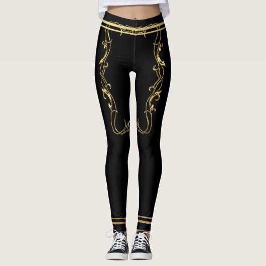 Zwart met Gold Simplistic Scroll Design Leggings (Voorkant)