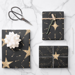Zwart met Gold Starbursts en Stardust Elegant Inpakpapier Vel