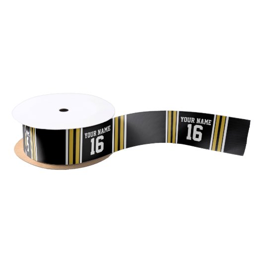 Zwart met Gold White Stripes Team Jersey Satijnen Lint (Spoel)