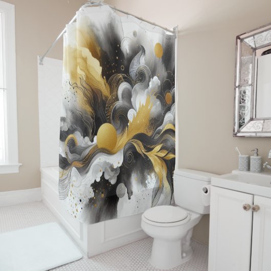 Zwart met Goud Modern Abstract Douchegordijn (In situ)