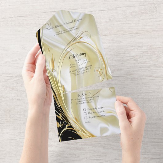 Zwart met goud op Champagne Silk receptie All In One Uitnodiging (Afscheurbaar)