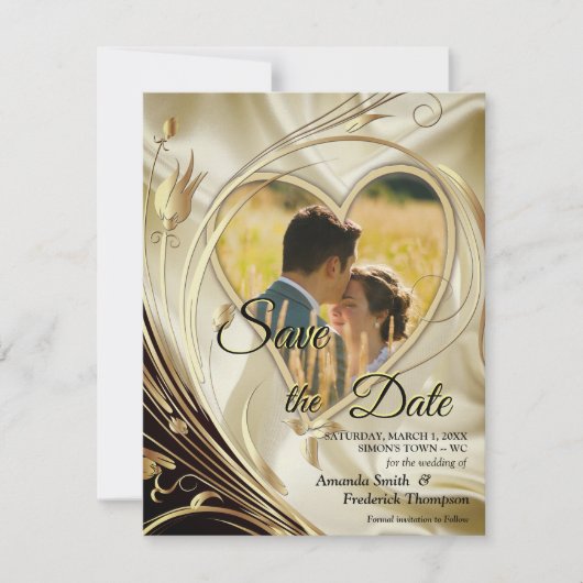 Zwart met Goud op Champagne Silk Save the Date Aankondiging (Voorkant)