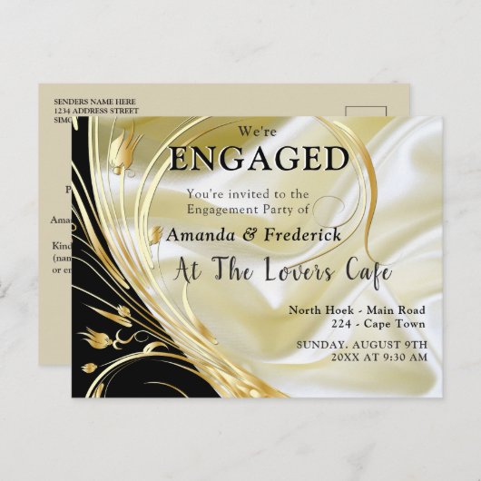 Zwart met goud op Champagne Silk Uitnodiging Briefkaart (Voorkant / Achterkant)