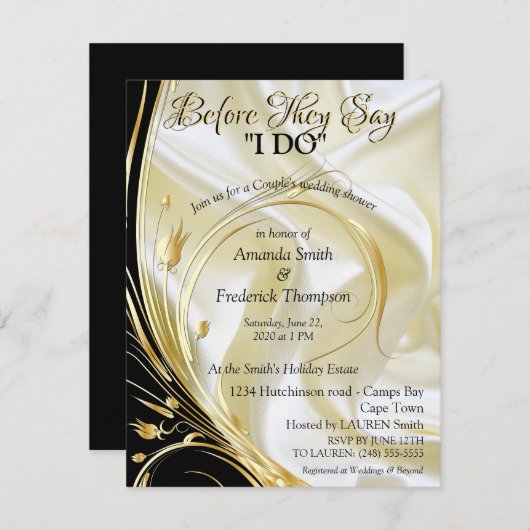 Zwart met Goud op Champagne Zijde Paar Douche Kaart (Voorkant / Achterkant)