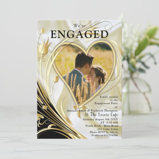 Zwart met Goud op Champagne Zijde Verloving Kaart (Staand voorkant)