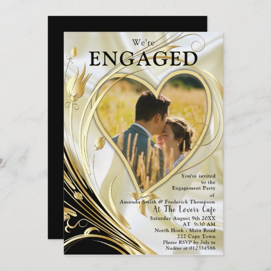 Zwart met Goud op Champagne Zijde Verloving Kaart (Voorkant / Achterkant)