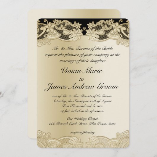 Zwart met Gouden Bloemen Ontwerp Trouwen Kaart (Voorkant / Achterkant)