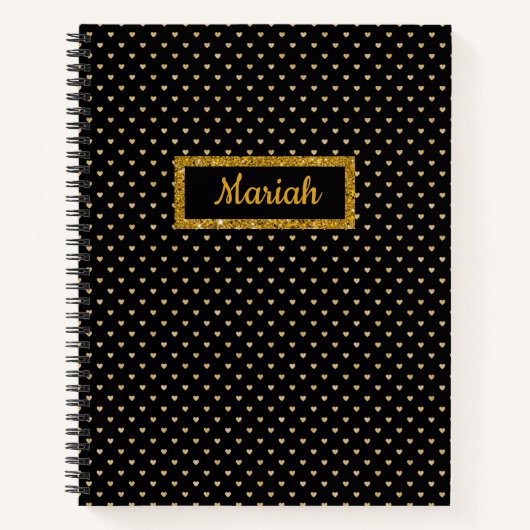 Zwart met gouden harten en gouden glitter-naamplaa notitieboek (Voorkant)