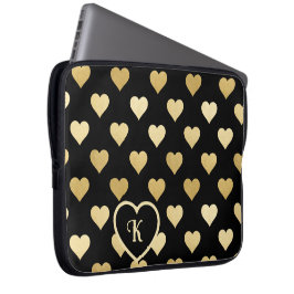 Zwart met gouden harten, monogram laptop sleeve