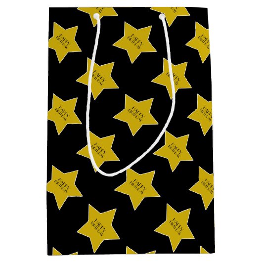 Zwart met gouden Hollywood sterren Gelukkige Verja Medium Cadeauzakje (Voorkant)