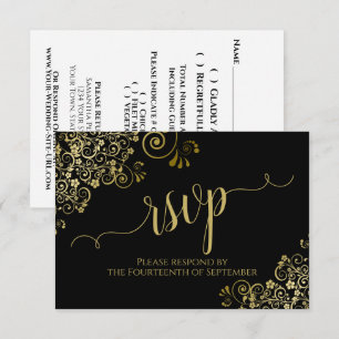 Zwart met gouden kant Elegant Calligraphy Wedding RSVP Kaartje