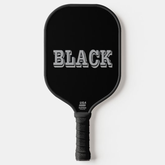 Zwart met grijze tekst op zwarte effen kleur pickleball paddle (Voorkant)