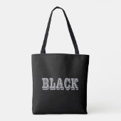 Zwart met grijze tekst op zwarte effen kleur tote bag (Achterkant)