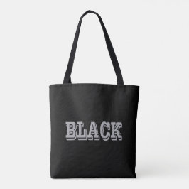 Zwart met grijze tekst op zwarte effen kleur tote bag