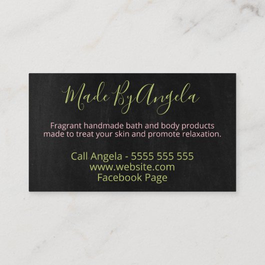 Zwart met handgemaakte spa-bath en body visitekaartje (Achterkant)