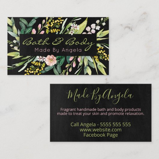 Zwart met handgemaakte spa-bath en body visitekaartje (Voorkant / Achterkant)