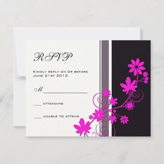 Zwart met Hot Pink Flower Weddenschap RSVP (Voorkant)
