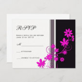 Zwart met Hot Pink Flower Weddenschap RSVP (Voorkant / Achterkant)