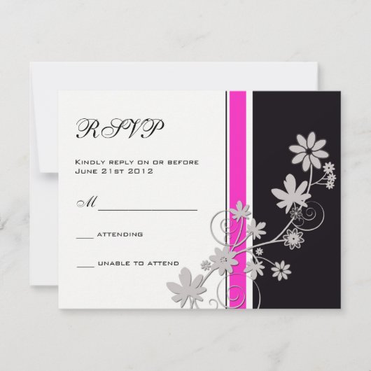 Zwart met Hot Pink Flower Weddenschap RSVP (Voorkant)