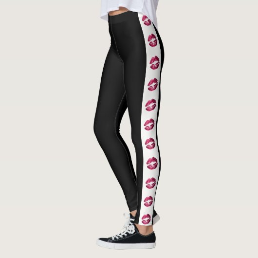 Zwart met hot-roze lipstick strip leggings (Links)