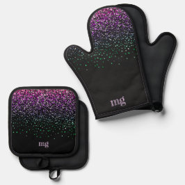 Zwart met kleurrijke glitters accent ovenwant & pannenlap set