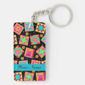 Zwart met kleurrijke Quilt Blocks & Persoonlijk Sleutelhanger (achterkant)