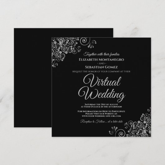 Zwart met Lacy Silver Elegant Virtual Wedding Kaart (Voorkant / Achterkant)