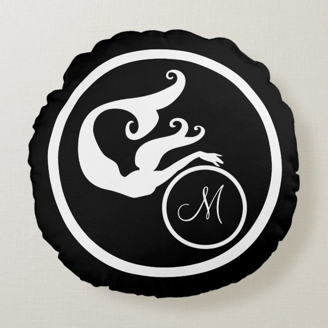 Zwart met monogram initiaal witte zeemeermin rond kussen (Voorkant)