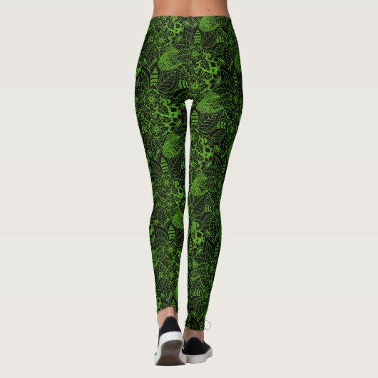 Zwart met Neon Green Floral Lace Pattern Leggings (Achterkant)