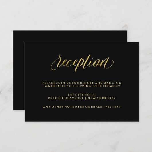 Zwart met nep gouden kalligrafie bruiloftsreceptie informatiekaartje (Voorkant / Achterkant)