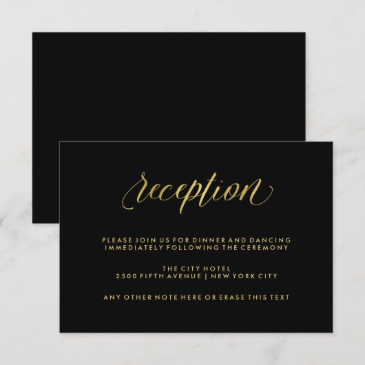 Zwart met nep gouden kalligrafie huwelijksreceptie informatiekaartje (Voorkant / Achterkant)
