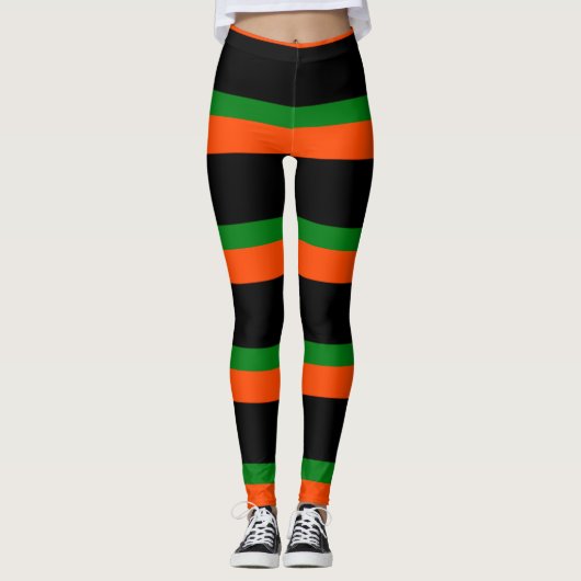 Zwart Met Oranje en Groene strepen Leggings (Voorkant)
