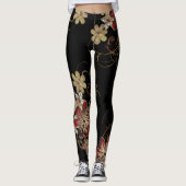 Zwart met overal goud glinsterend bloemenprint leggings (Voorkant)