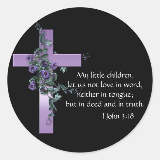 Zwart met Paarse Cross & Purple Flowers Ronde Sticker (Voorkant)