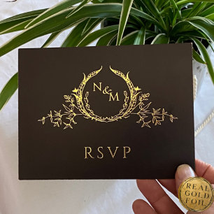 Zwart met Real Gold Foil Wedding RSVP Briefkaart
