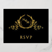 Zwart met Real Gold Foil Wedding RSVP Briefkaart (Voorkant)