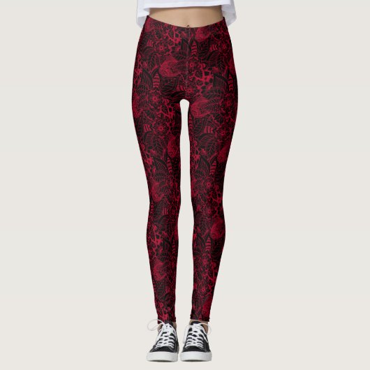 Zwart met Red Floral Lace Pattern-Leggings Leggings (Voorkant)