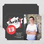 Zwart met rode details horizontale fotouitnodiging kaart (Voorkant / Achterkant)